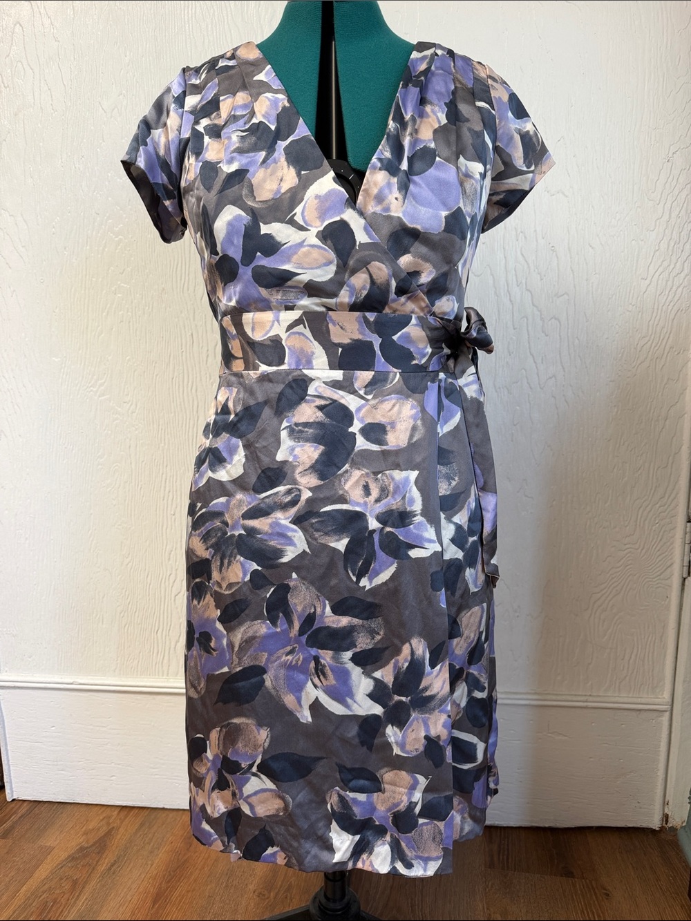 Banana Republic 100% Silk Purple and Gray Floral Wrap Midi Dress